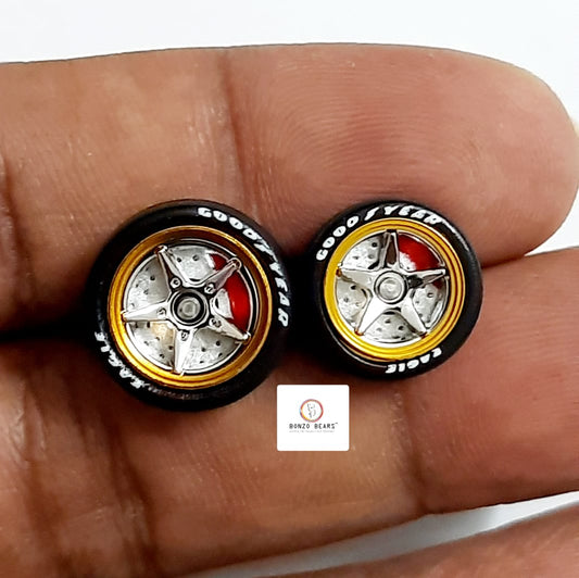 Alloy Wheels with Brake Disc Gold Rim/Silver Chrome star 5 spoke 11.2mm & 13mm/28mm  for 1/64 Car with extra set of Axles (28mm)
