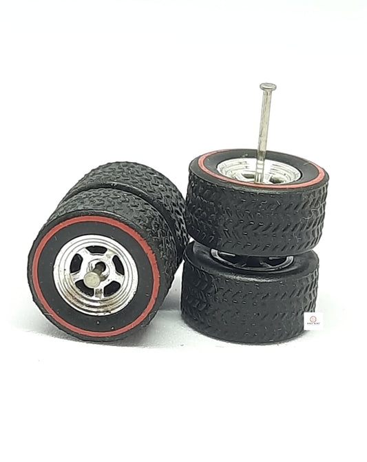 Red Lined 12mm dia 5 Spoked chrome Rim Rubber Tyres - 1/64 car Compatible
