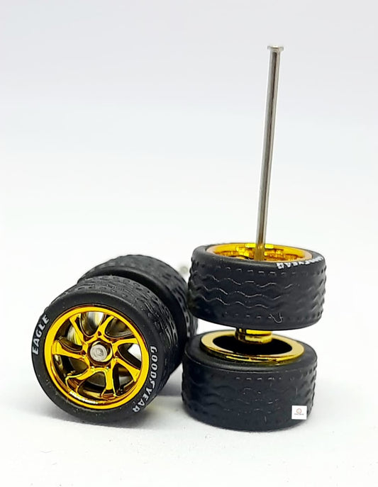 1/64  - Rubber Tire with axle Set -10.7mm Dia - 7 Ray Gold Plated