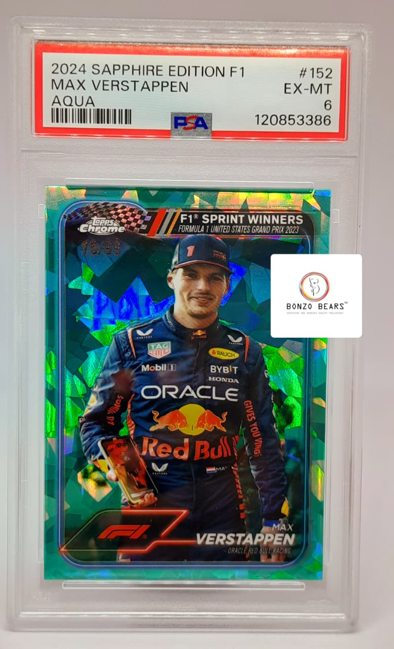 Max Verstappen (Numbered & Graded) – 2024 Topps Chrome F1 Aqua Sapphire 75/99 #152 | PSA 6 | Bonzo Bears