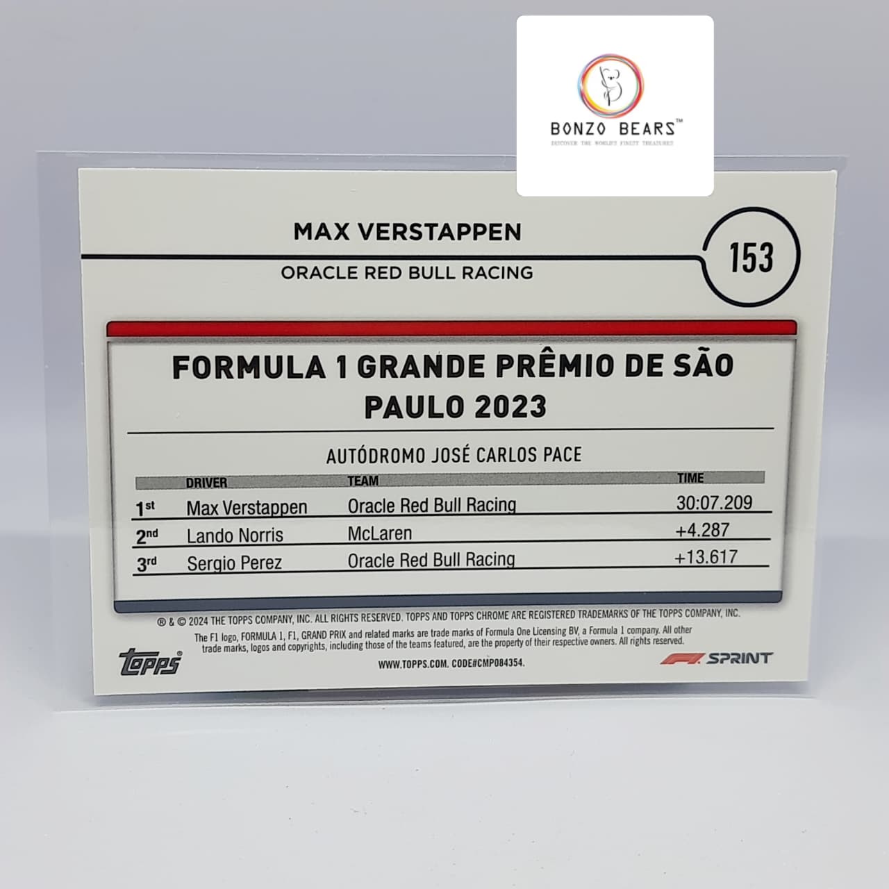 Max Verstappen - Numbered Mini Diamond Limited Editon 026/299-   2024 Topps Chrome Formula 1 F1 #153 SAO PAULO | Bonzo Bears