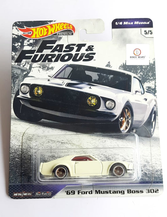 Premium '69 Ford Mustang Boss 302 (White)- Hot Wheels | Bonzo Bears CB