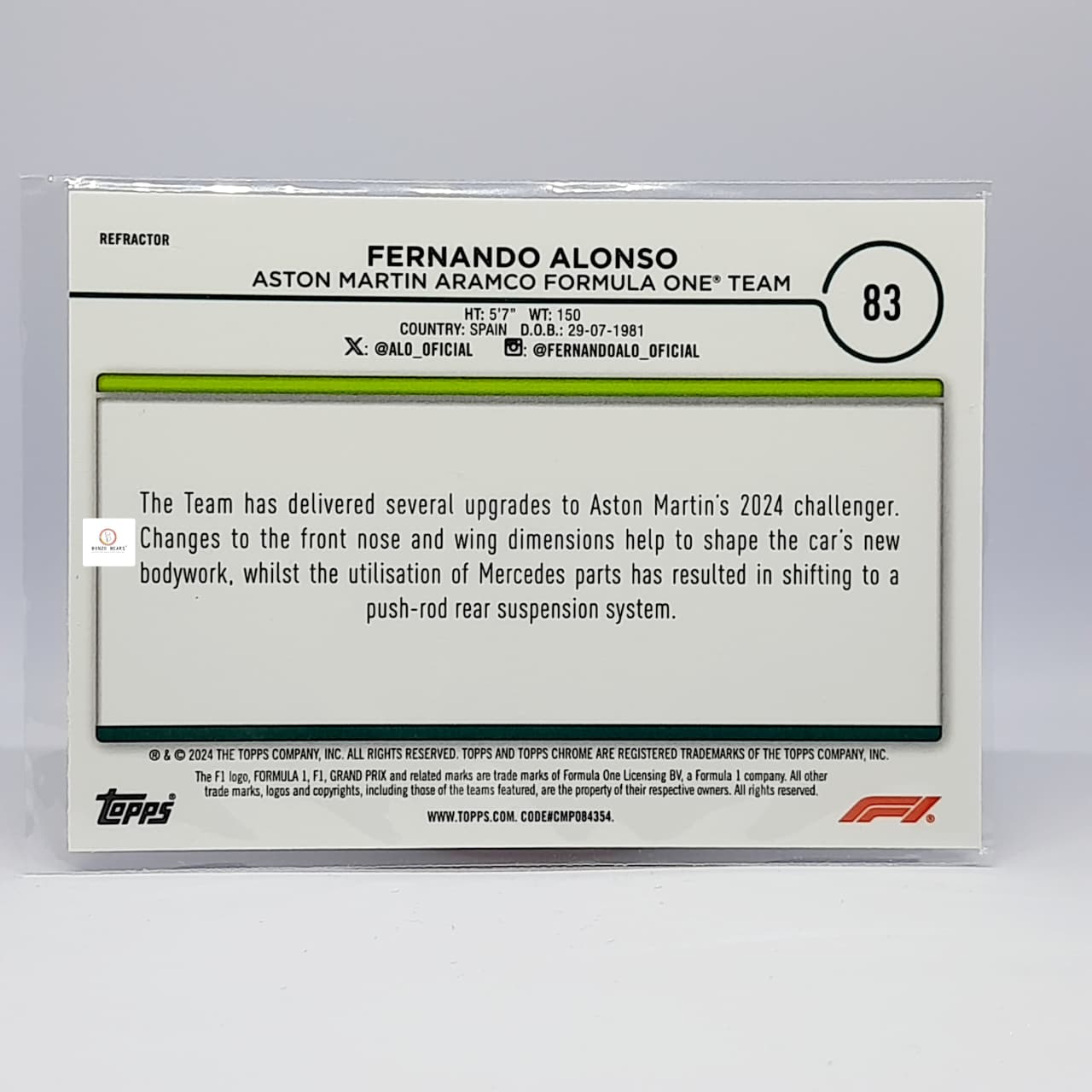 Fernando Alonso [ Refractor] #83 2024 Topps Chrome Formula 1- Refractor card