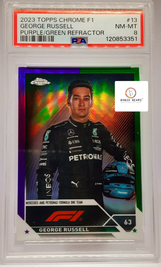 George Russell 2023  Purple / Green Refractor Topps Chrome #13 F1 PSA Graded 8 | Bonzo Bears