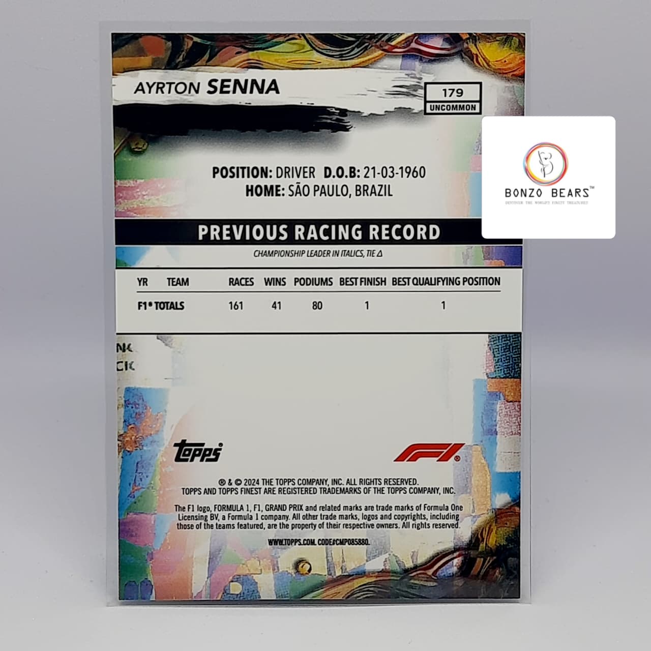 Ayrton Senna -(Rare Gold finest & Low Numbered ) 2024 Topps Finest Formula 1 F1 Ayrton Senna Uncommon Gold 21/25 #179 | Bonzo Bears