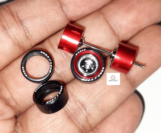 Alloy Wheels -Red Rim/Chrome 11.2mm/28mm for 1/64 Car with extra set of Axles (28mm)