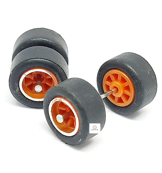 10mm Dia  Multi Spoked Orange Rim Rubber Tyres - 1/64 car Compatible