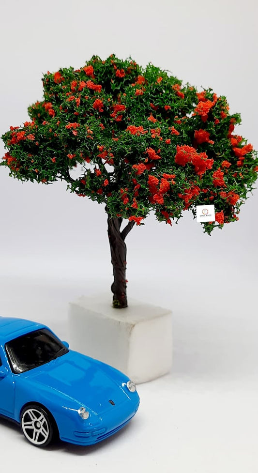 Miniature Artificial Tree with Red Flowers (8cm) - Diorama Accessory (Car and Figure not included)
