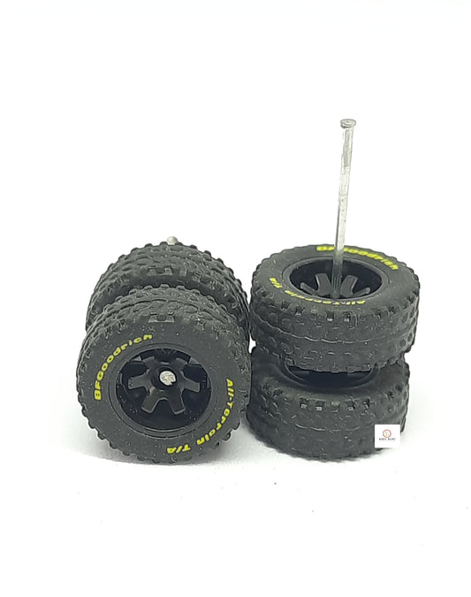 4X4 BFGoodrich All-Terrain yellow logo  Rubber Tyres 14mm 6 Spoked black rim for 1/64 SUV Compatible