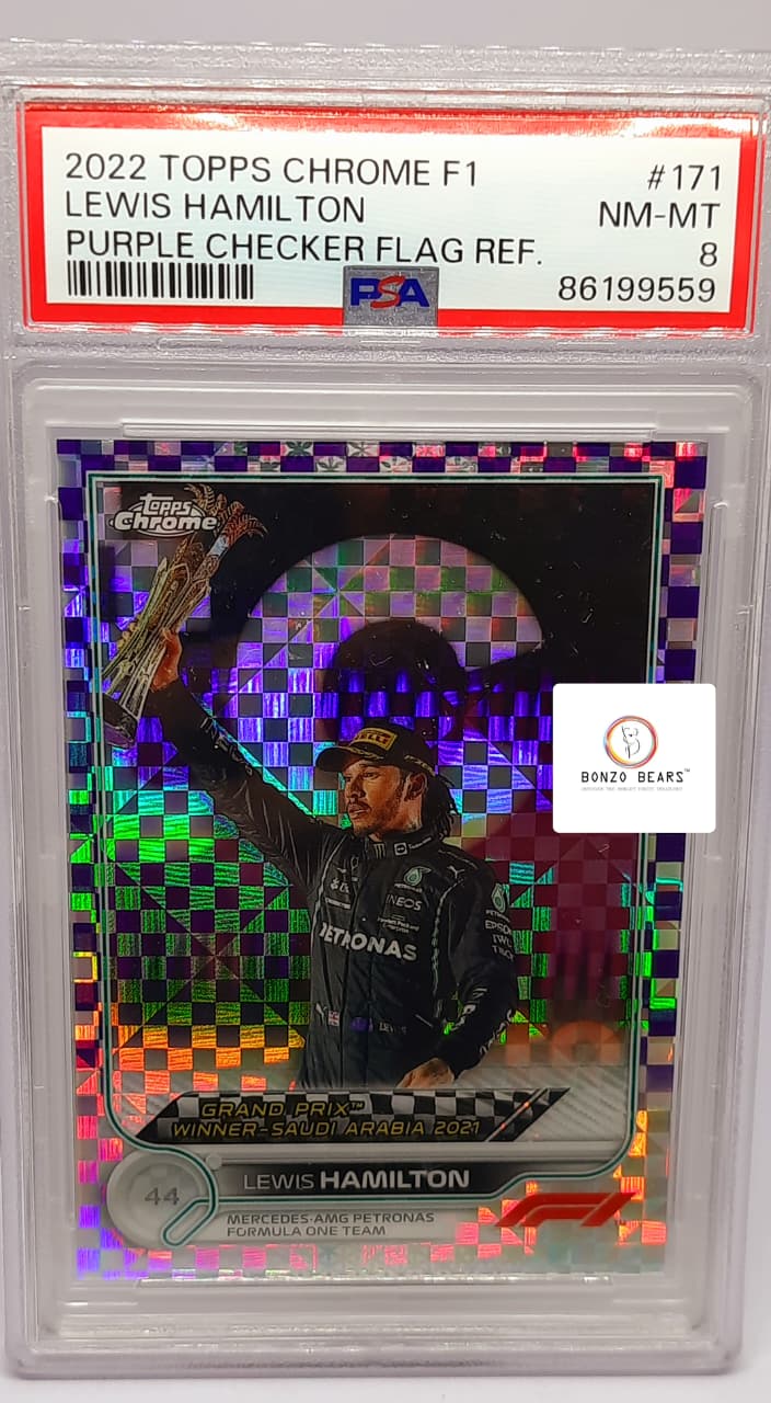 Lewis Hamilton  2022 Topps Chrome F1 Purple Checker Flag Refractor 82/199 PSA GRADED 8🏁 | Bonzo Bears