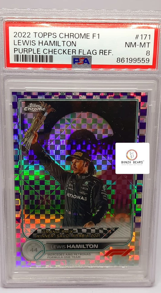 Lewis Hamilton  2022 Topps Chrome F1 Purple Checker Flag Refractor 82/199 PSA GRADED 8🏁 | Bonzo Bears