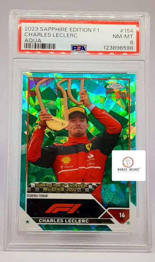 Charles Leclerc 2024 Topps Chrome Aqua Sapphire Formula 1 F1   64 /99 #154 PSA 8 Mint | Bonzo Bears