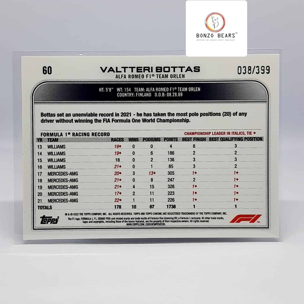Valtteri Bottas (Refractor Numbered) - 2022 Topps Chrome Formula 1 F1  Purple Refractor  038/399 #60 | Bonzo Bears