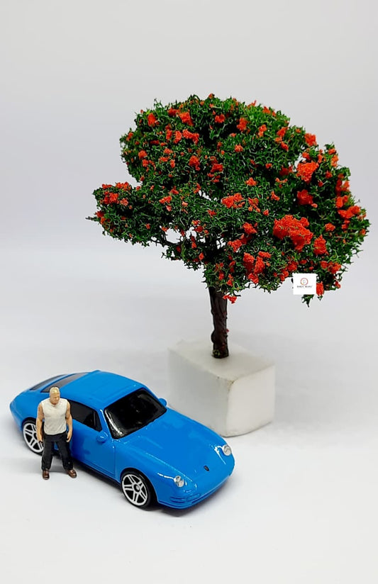 Miniature Artificial Tree with Red Flowers (8cm) - Diorama Accessory (Car and Figure not included)