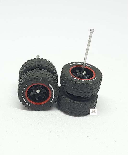 Red Lined 4X4 BFGoodrich All-Terrain Rubber Tyres 14mm Dia-  6 Spoked Black Rim for 1/64 SUV Compatible