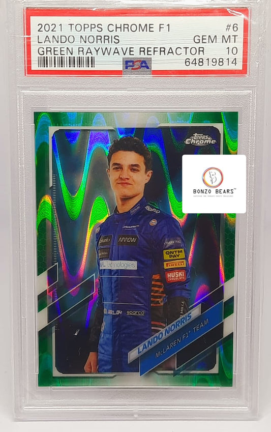 Lando Norris(Numbere & Graded ) - 2021 Topps Chrome Formula 1 #6  Green ray wave 42/99- Refractor PSA Graded Mint 10| Bonzo Bears
