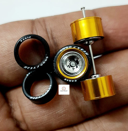 Alloy Wheels Gold Rim/Chrome  11.2mm/28mm  for 1/64 Car with extra set of Axles (28mm)