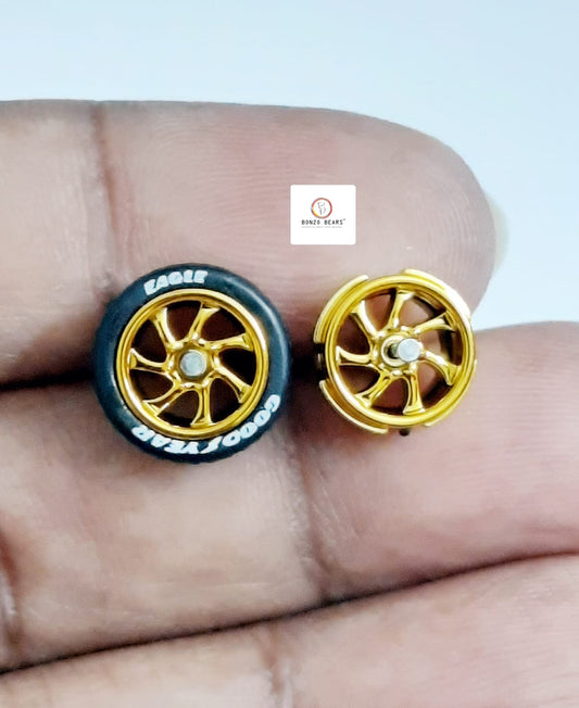 Rubber Tyre - 10mm Gold Rim 7 Spoke with Goodyear Eagle, 28mm Axle Cv2