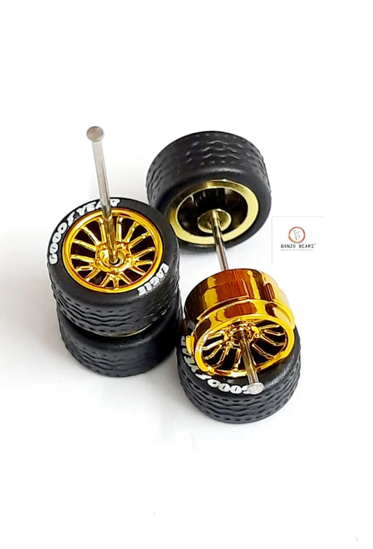 Rubber Tyre - 10mm Gold Rim Multi Spoke with Goodyear Eagle, 28mm Axle Cv2
