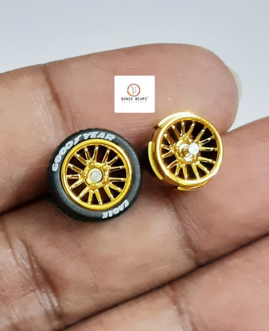 Rubber Tyre - 10mm Gold Rim Multi Spoke with Goodyear Eagle, 28mm Axle Cv2