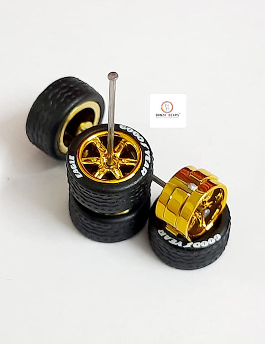Rubber Tyre - 10mm Gold Rim 6 Spoke with Goodyear Eagle, 28mm Axle Cv2
