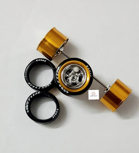 Alloy Wheels Gold Rim/Chrome 5 spoke 11.2mm/28mm  for 1/64 Car with extra set of Axles (28mm)