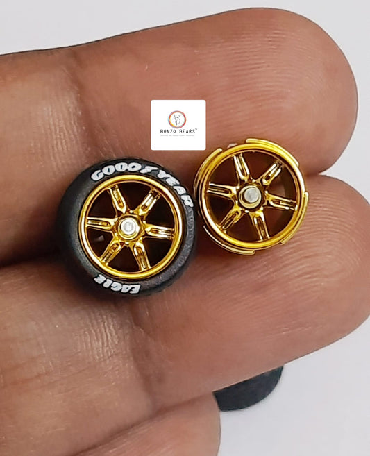Rubber Tyre - 10mm Gold Rim 6 Spoke with Goodyear Eagle, 28mm Axle Cv2