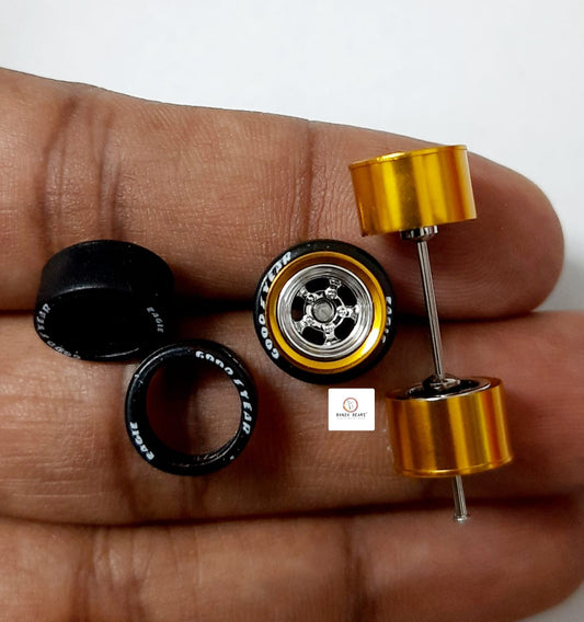 Alloy Wheels Gold Rim/Chrome 5 spoke 11.2mm/28mm  for 1/64 Car with extra set of Axles (28mm)