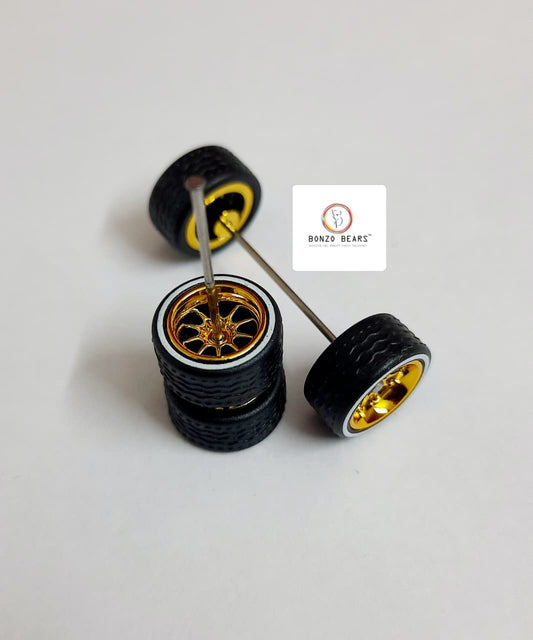 Rubber Tyre - 10mm Gold Rim Multi Spoke/White Line, 28mm Axle Cv3