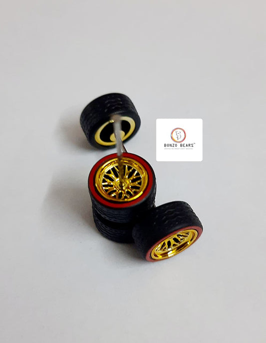 Rubber Tyre - 10mm Gold Rim Y Multi Spoke/Red Line, 28mm Axle Cv3
