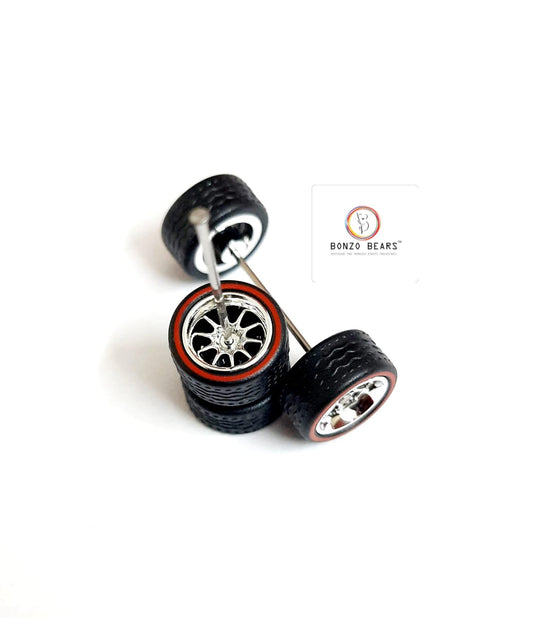 Rubber Tyre - 10mm Silver Rim Multi Spoke/Red Line, 28mm Axle Cv3