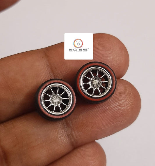 Rubber Tyre - 10mm Silver Rim Multi Spoke/Red Line, 28mm Axle Cv3