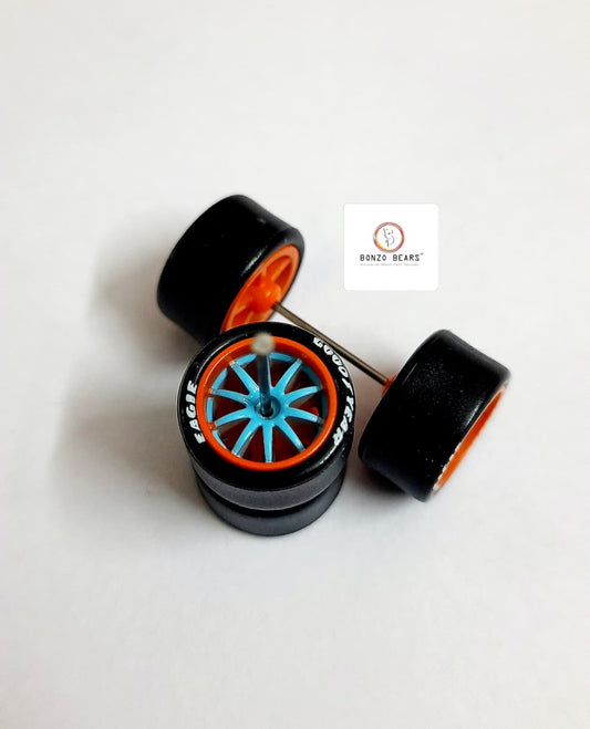 Rubber Tyre - 13mm Gulf Orangle Line/Blue Multi Spoke with Goodyear Eagle - 28mm Axle, Cv4