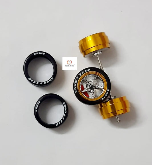 Alloy Wheels with Brake Disc  Gold Rim/Chrome Star 5 Spoke 11.2mm/28mm for 1/64 Car with extra set of Axles (28mm)