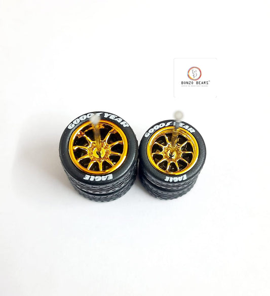 Rubber Tyre - 11mm & 13mm Gold Rim Multispoke with Goodyear Eagle - 28mm Axle, Cv4