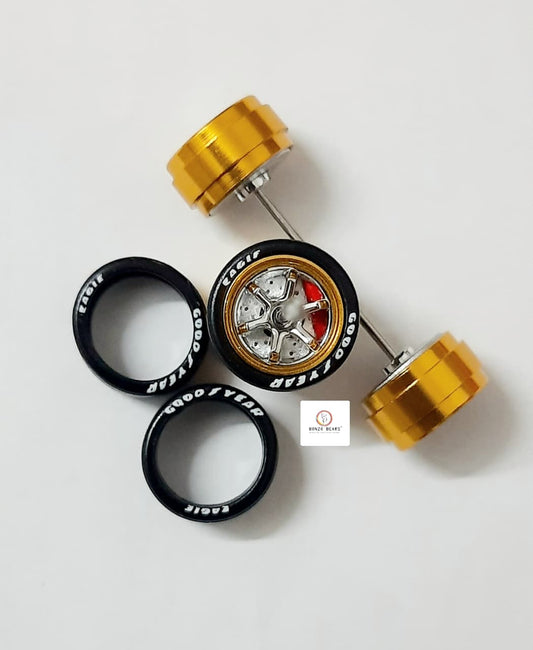 Alloy Wheels with Brake Disc  -Gold Rim/Chrome 6 Spoke 11.2mm/28mm Alloy Wheels with Break Disc for 1/64 Car with extra set of Axles (28mm)