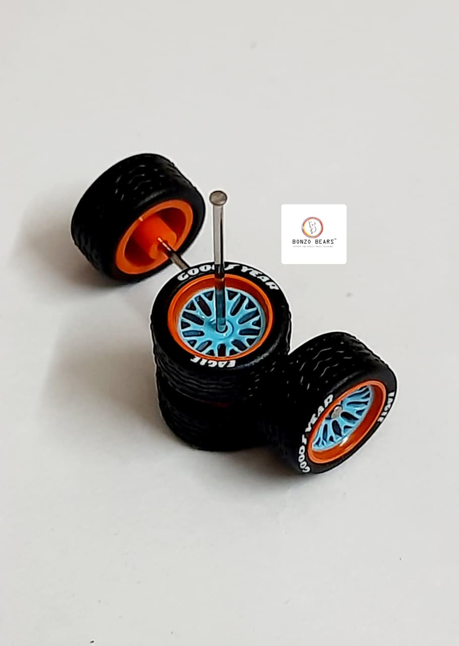 Rubber Tyre - 10mm Gulf Orange Rim/Blue Y Multi Spoke with Goodyear Eagle - 28mm Axle, Cv6