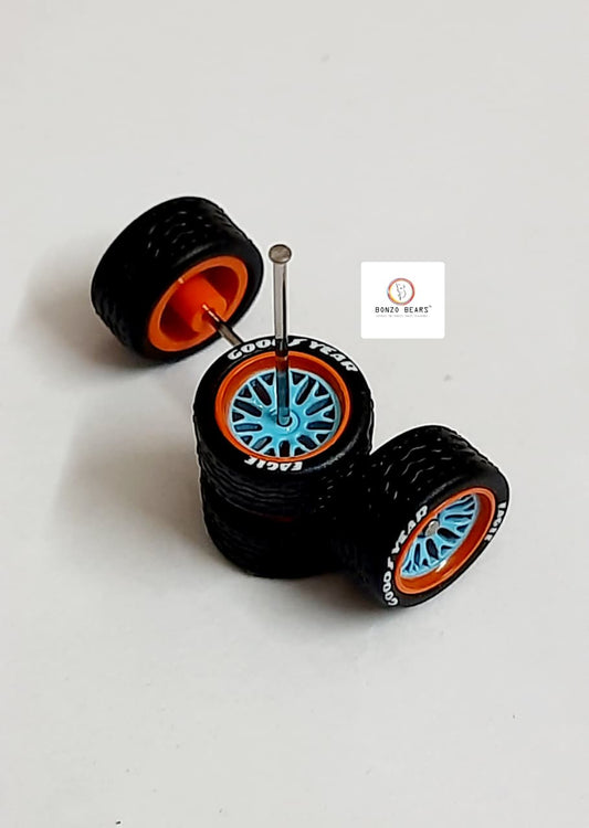 Rubber Tyre - 10mm Gulf Orange Rim/Blue Y Multi Spoke with Goodyear Eagle - 28mm Axle, Cv6