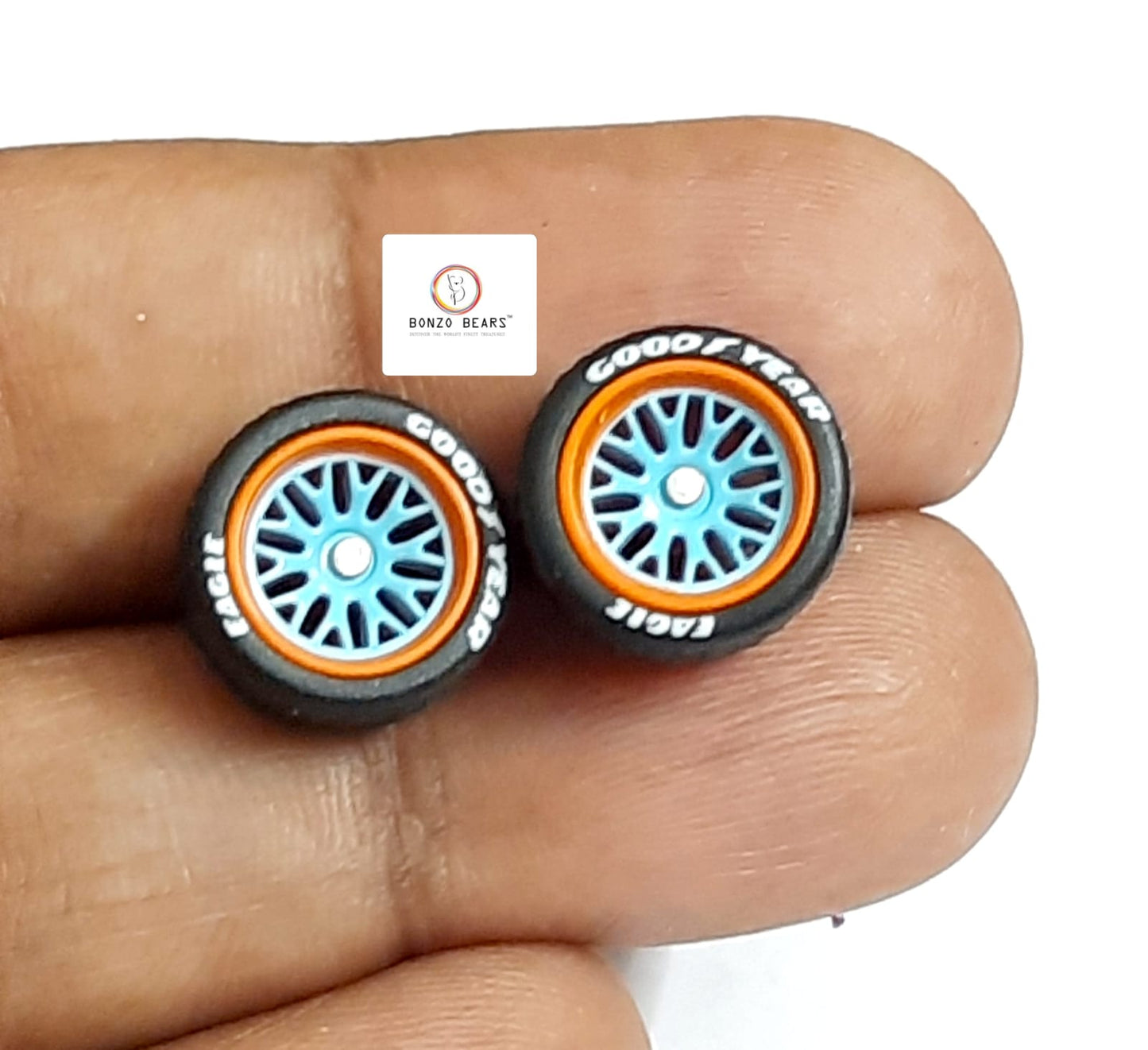 Rubber Tyre - 10mm Gulf Orange Rim/Blue Y Multi Spoke with Goodyear Eagle - 28mm Axle, Cv6