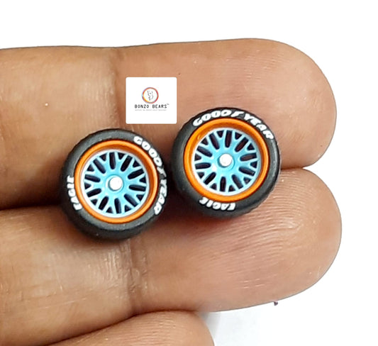Rubber Tyre - 10mm Gulf Orange Rim/Blue Y Multi Spoke with Goodyear Eagle - 28mm Axle, Cv6