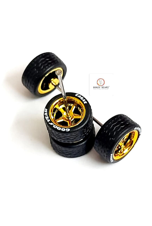 Rubber Tyre - 10mm Gold Rim 5 Spoke with Goodyear Eagle - 28mm Axle, Cv6
