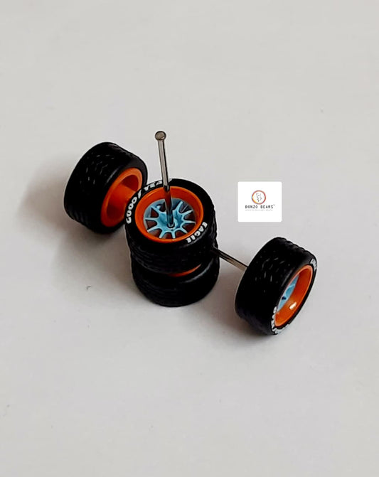 Rubber Tyre - 10mm Gulf Orange Rim/Blue Multispoke with Goodyear Eagle - 28mm Axle, Cv6