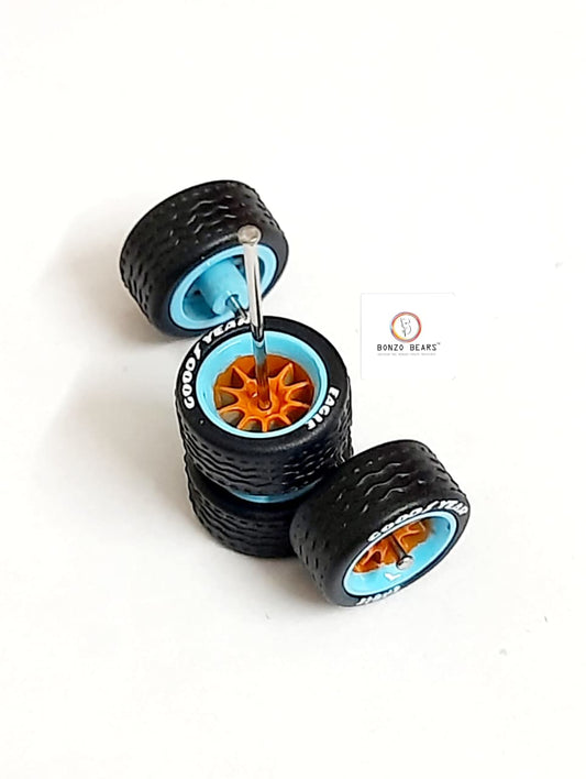 Rubber Tyre - 10mm Gulf Blue Rim/Orange Multispoke with Goodyear Eagle - 28mm Axle, Cv6