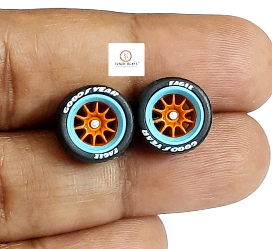 Rubber Tyre - 10mm Gulf Blue Rim/Orange Multispoke with Goodyear Eagle - 28mm Axle, Cv6