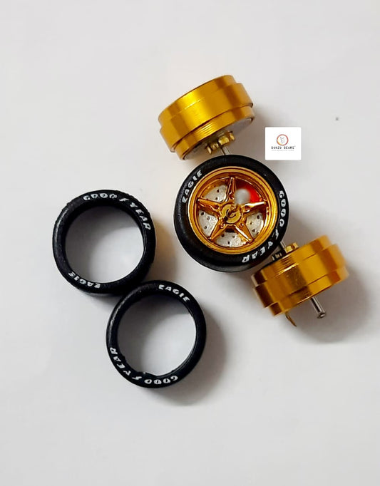 Alloy Wheels with Brake Disc - Gold Rim/Gold Chrome Star 5 Spoke 11.2mm/28mm for 1/64 Car with extra set of Axles (28mm)