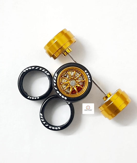 Alloy Wheels with Brake Disc -Gold Rim/Gold Chrome Multi Spoke 11.2mm/28mm for 1/64 Car with extra set of Axles (28mm)