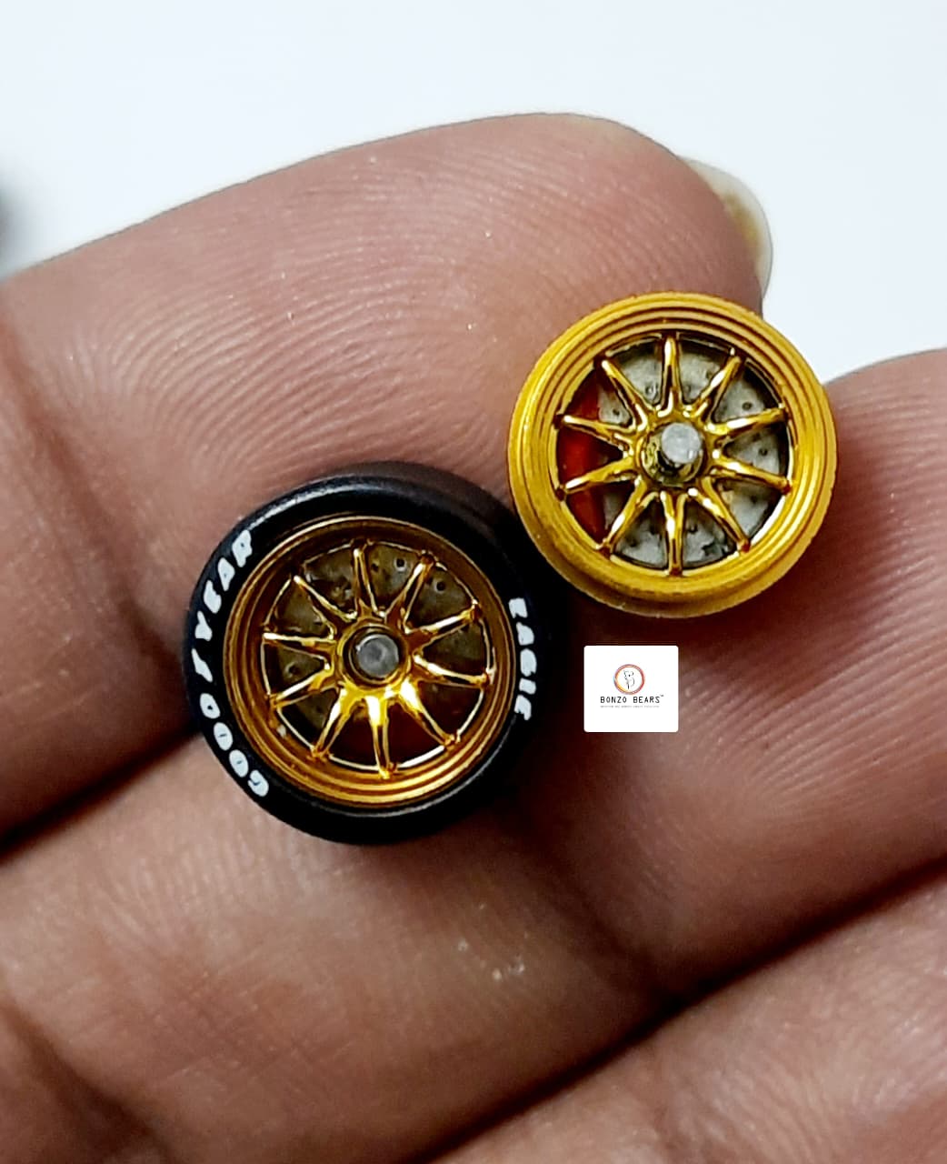 Alloy Wheels with Brake Disc -Gold Rim/Gold Chrome Multi Spoke 11.2mm/28mm for 1/64 Car with extra set of Axles (28mm)