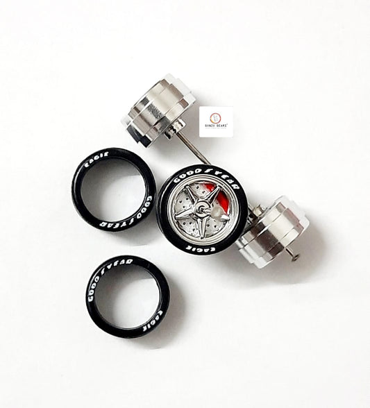 Alloy Wheels with Brake Disc Chrome Star 5 Spoke 11.2mm/28mm  for 1/64 Car with extra set of Axles (28mm)