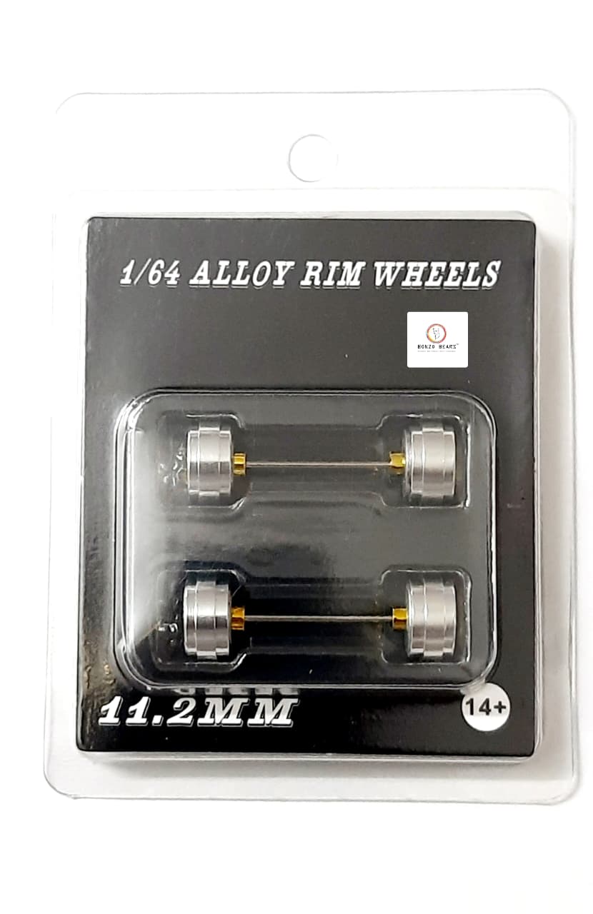 Alloy Wheels with Brake DiscSilver Chrome Rim/Gold 6 Spoke 11.2mm/28mm  for 1/64 Car with extra set of Axles (28mm)