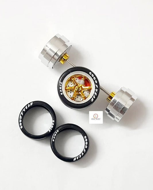 Alloy Wheels with Brake DiscSilver Chrome Rim/Gold 6 Spoke 11.2mm/28mm  for 1/64 Car with extra set of Axles (28mm)